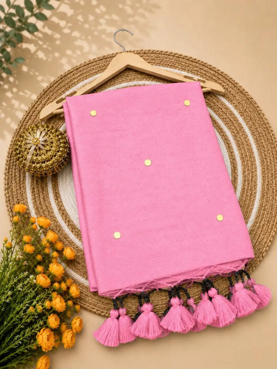 Plain Gini Work Tassel Khadhi Cotton Saree